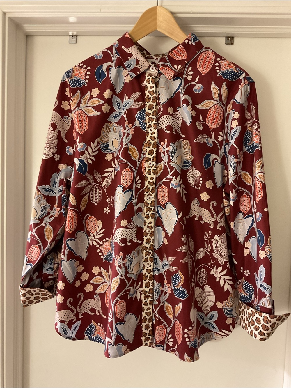 Chico's Burgundy Floral Button-Down with Leopard Trim